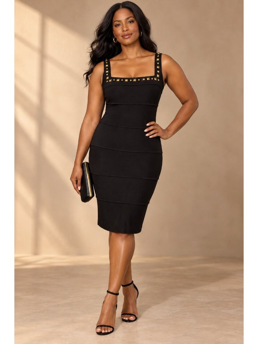 Caché Black Gold Studded Bandage Bodycon Dress Size 12 Y2K Cocktail